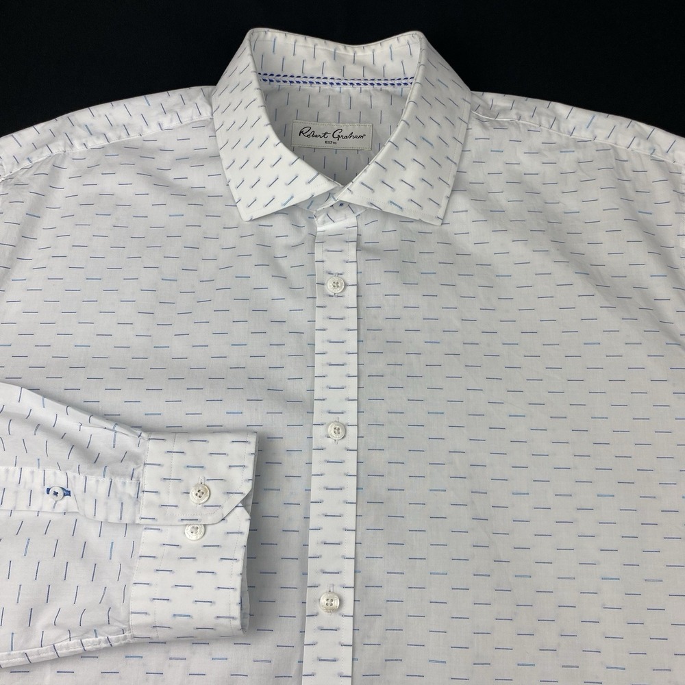 Robert Graham Shirt Mens 18 (46) White w/Blue Dashes Regular Fit Trim Inserts